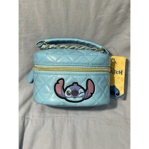 NEW Walt Disney Stitch Blue Make Up Box Quilt-Like Mini Purse w/ Gold/Blue Chain